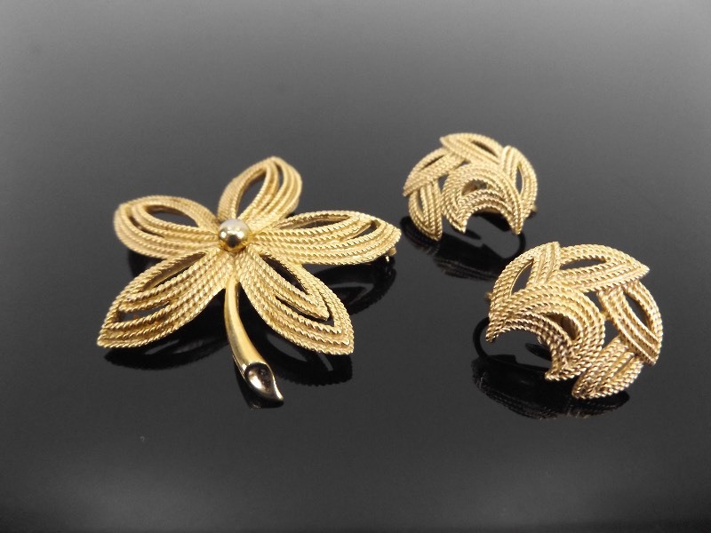 Vintage Crown Trifari Gold Brooch, and Earring Set