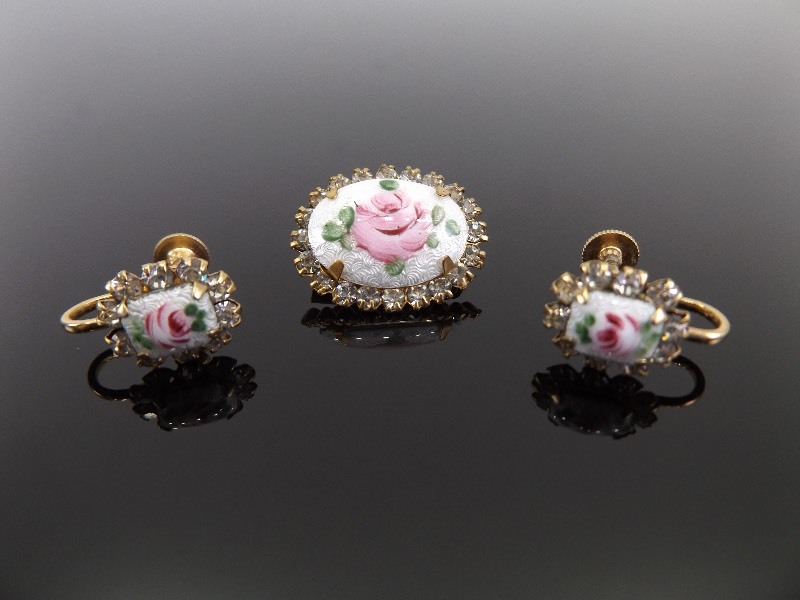 Vintage Enamel Guilloche Rhinestone Rose Flower Earrings and Brooch