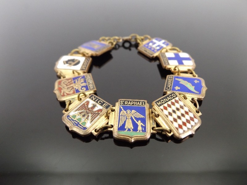Antique Enamel Bronze World Travel Charm Bracelet