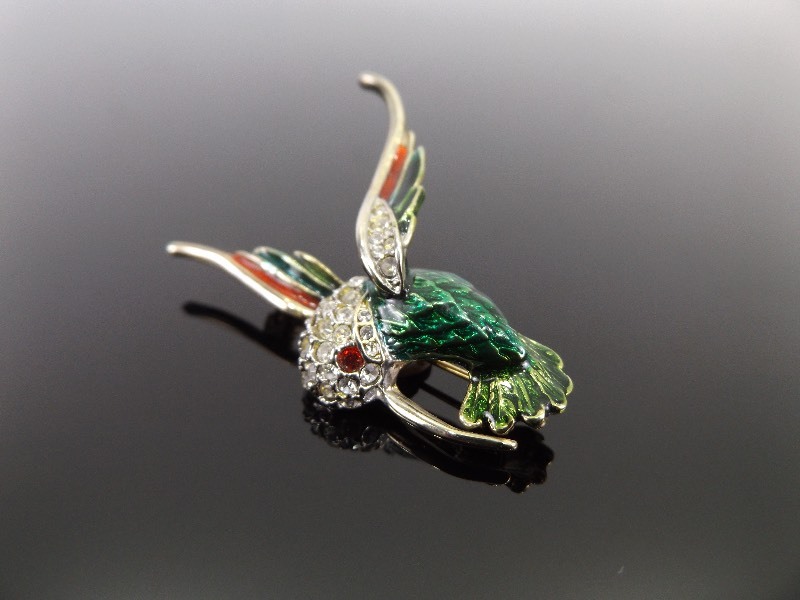 Vintage Enameled and Rhinestone Hummingbird Brooch