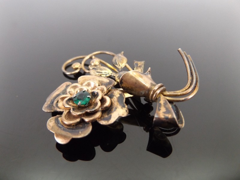 Vintage 10k Yellow Gold Fill Emerald Flower Bouquet Brooch