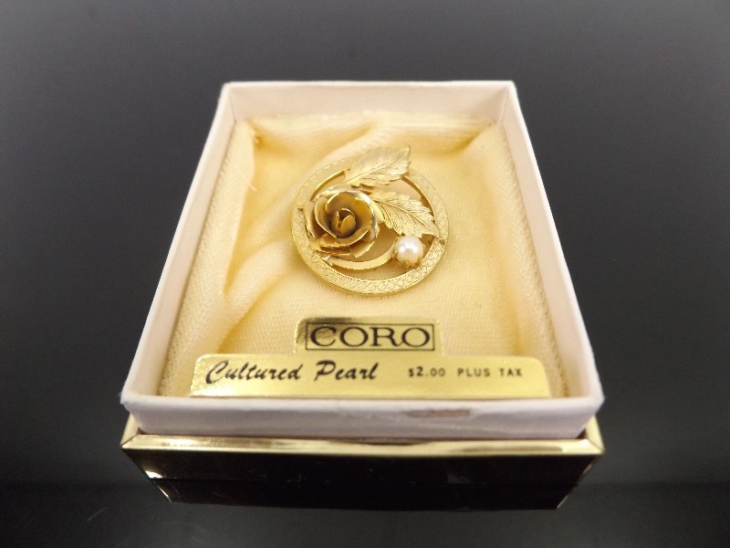 Vintage Coro Cultured Pearl Rose Brooch in Original Box