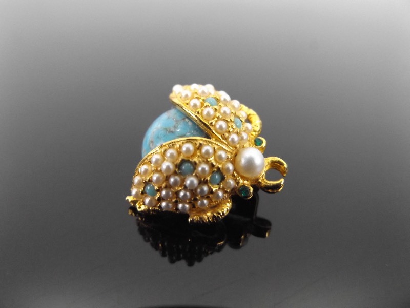 Vintage Turquoise, and Pearl Scarab Brooch