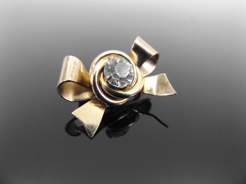 Vintage Gold Metal Coro Crystal Bow Brooch