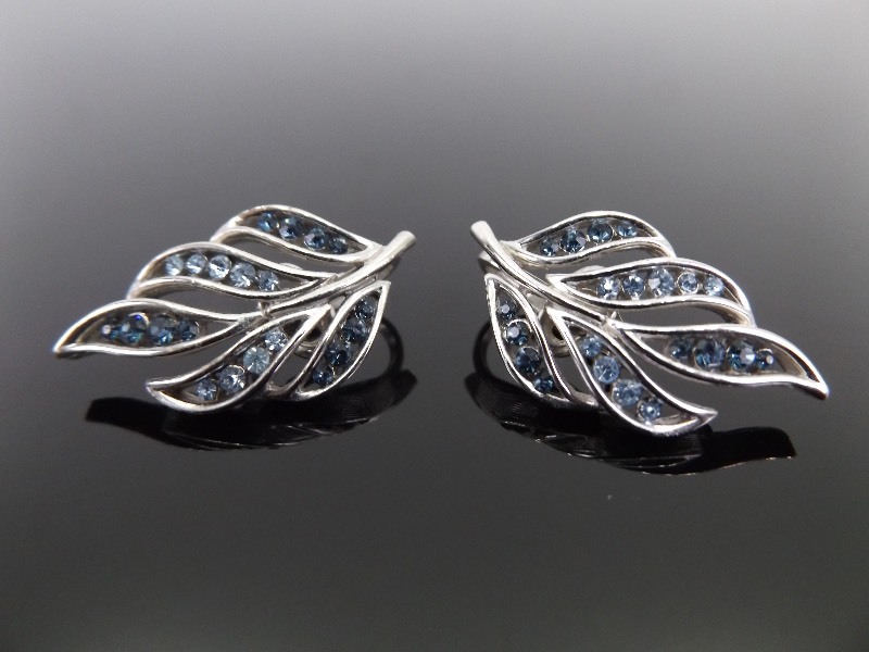 Vintage Trifari Sapphire Blue Crystal Leaf Earrings