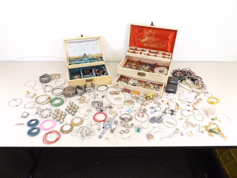 Large Lot of Costume Jewelry with 2 Vintage Jewelry Boxes