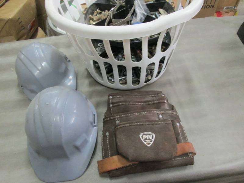 2 Hard Hats, Tool Pouch, Hardware...