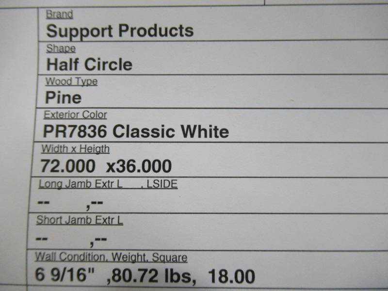 lot 202 image: Pella Custom ArchedHalf Circle Accent Window, Exterior White, 72 X 36 Tall.  6 916 Wall