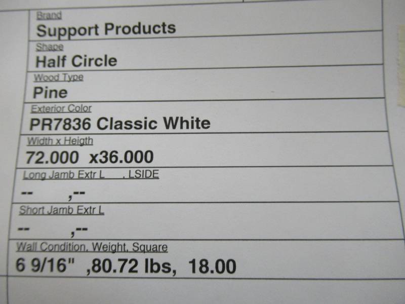 lot 203 image: Pella Custom ArchedHalf Circle Accent Window, Exterior White, 72 X 36 Tall.  6 916 Wall