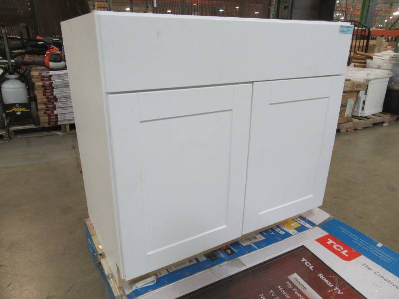 lot 264 image: Hampton Bay Shaker Assembled 36 x 34.5 x 24 in. Sink Base Kitchen Cabinet in Satin White, KSB36-SSW
