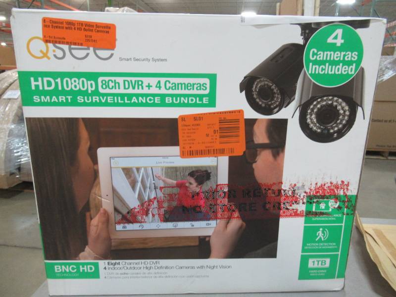 lot 32 image: Q-see 8-Channel 1080p 1TB Video Surveillance System with 4 HD Bullet Cameras and 100 ft. Night Vision - Missing 1 Camera and all cords.