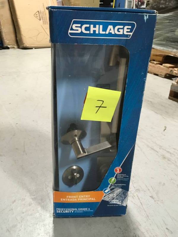 lot 7 image: Schlage F60V-LAT-CEN Keyed Entry Century Handleset Single Cylinder Satin Nickel  open box in like new condition