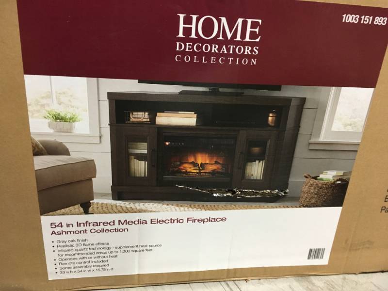 lot 10 image: Home Decorators Collection Ashmont 54 in. Freestanding Electric Fireplace TV Stand in Gray Oak  open box in like new condition