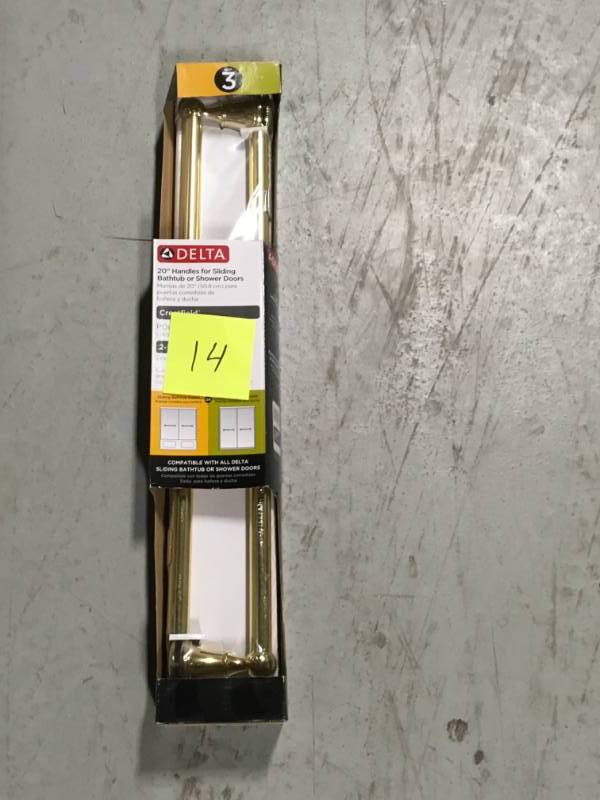 lot 14 image: Delta Crestfield 20 in. Handles for Sliding Shower or Bathtub Door in Polished Brass (1-Pair)  open box in like new condition