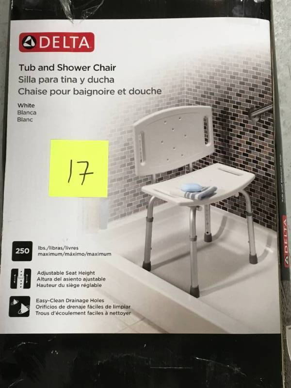 lot 17 image: Delta Adjustable Tub and Shower Chair in White  open box in like new condition