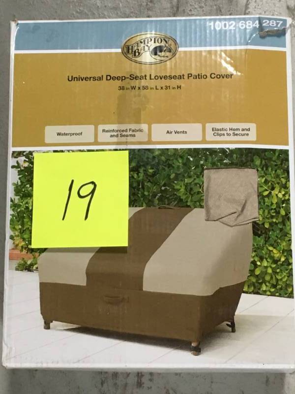 lot 19 image: Hampton Bay Patio Deep-Seat Loveseat Cover  open box in like new condition