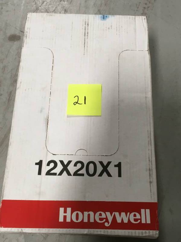 lot 21 image: Honeywell 12 in. x 20 in. x 1 in. Allergen Plus Pleated FPR 7 Air Filter CASE 12 PCS  open box in like new condition