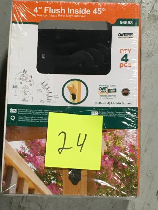 lot 24 image: OWT Ornamental Wood Ties 4 in. Black Galvanized Steel Flush Inside 45 Degree Connector Plate (4-PieceBox)  open box in like new condition