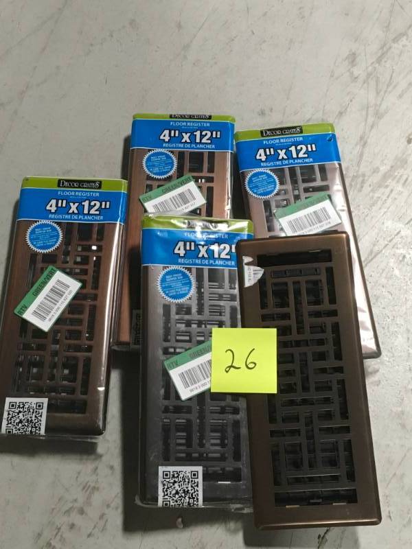lot 26 image: LOT OF 5 PCS OF 4 in. x 12 in. Steel Floor Register, Oil-Rubbed Bronze  open box in like new condition
