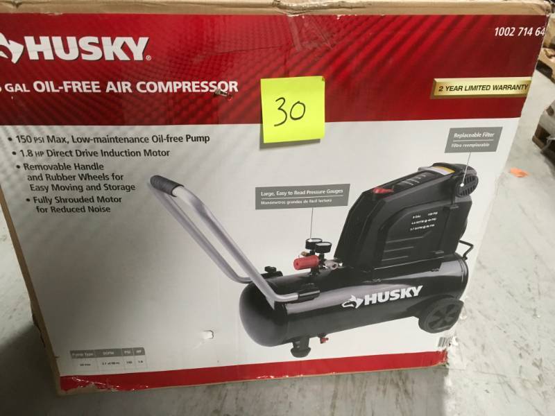 lot 30 image: Husky 8G 150 PSI Hotdog Air Compressor  open box in like new condition