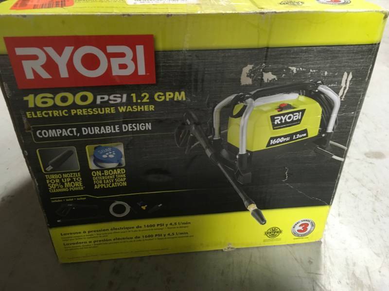 lot 36 image: Ryobi 1,600 PSI 1.2 GPM Electric Pressure Washer  open box in like new condition