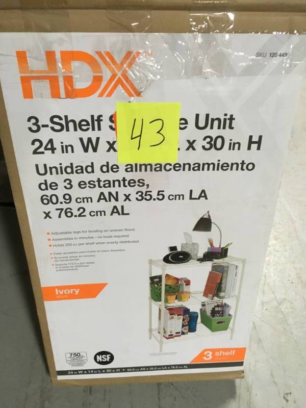 lot 43 image: HDX 30 in. H x 24 in. W x 14 in. D 3 Shelf Wire Unit in Ivory  open box in like new condition