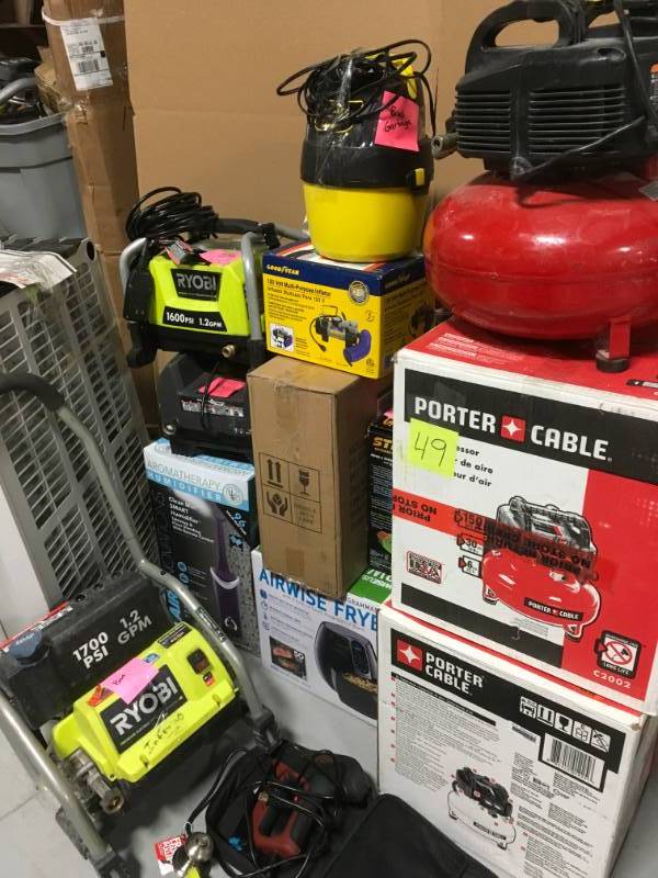 lot 49 image: SALVAGE LOT ASSORTED TOOLS  PORTER CABLE AIR COMPRESSOR, RYOBI PRESSURE WASHER,AND MORE SEE PICTURES FOR PARTS OR REPAIR