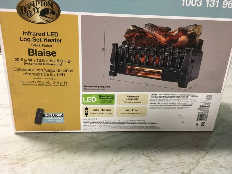 lot 63 image: Hampton Bay Blaise 20.51 in. Infrared Quartz Electric Fireplace Logs with Realistic Ember Bed  open box in like new condition