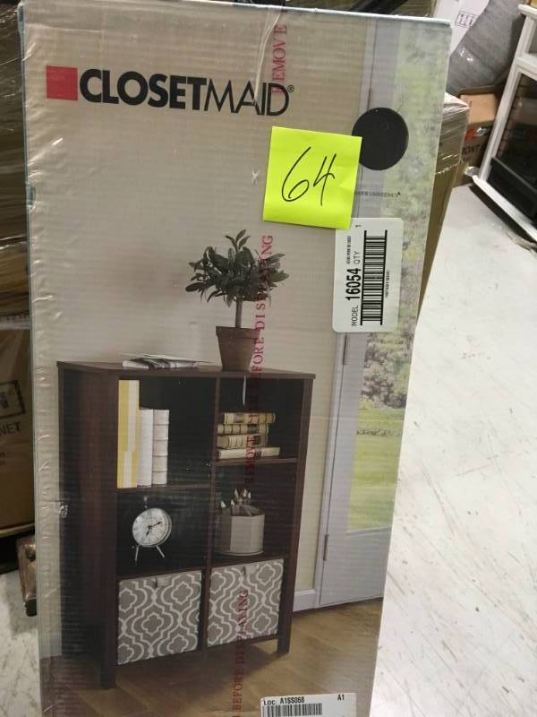 lot 64 image: ClosetMaid 26 in. W x 38 in. H Dark Chestnut 6-Cube Organizer not used