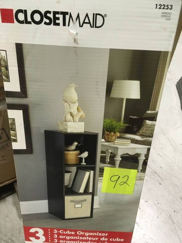 lot 92 image: ClosetMaid 12 in. W x 36 in. H Espresso Stackable 3-Cube Organizer not used