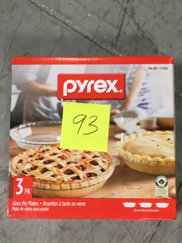 lot 93 image: Pyrex Glass 3 PK Pie Plates Set 9.5 x 1.5 Oven Microwave Freezer Safe not used