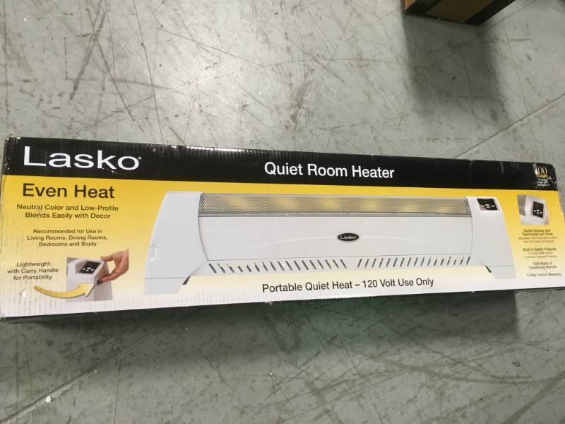 lot 100 image: Lasko 1,500-Watt Low Profile Silent Room Heater with Digital Display, White  open box in like new condition