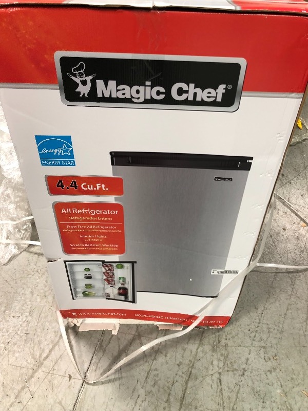 lot 108 image: Magic Chef  4.4 cu. ft. Mini Refrigerator with Freezerless Design in Stainless Steel  not used
