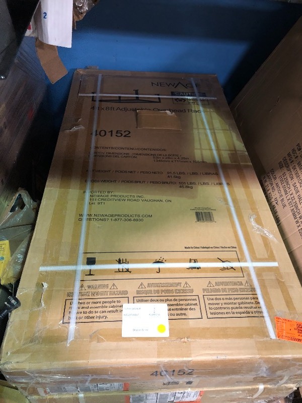 lot 107 image: Set of 2 NewAge Products  Performance 96 in. L x 48 in. W x 42 in. H Adjustable VersaRac Ceiling Storage Rack in Gray not used