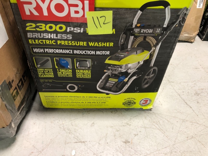 lot 112 image: Ryobi  2,300 PSI 1.2 GPM High Performance Electric Pressure Washer in good conditions