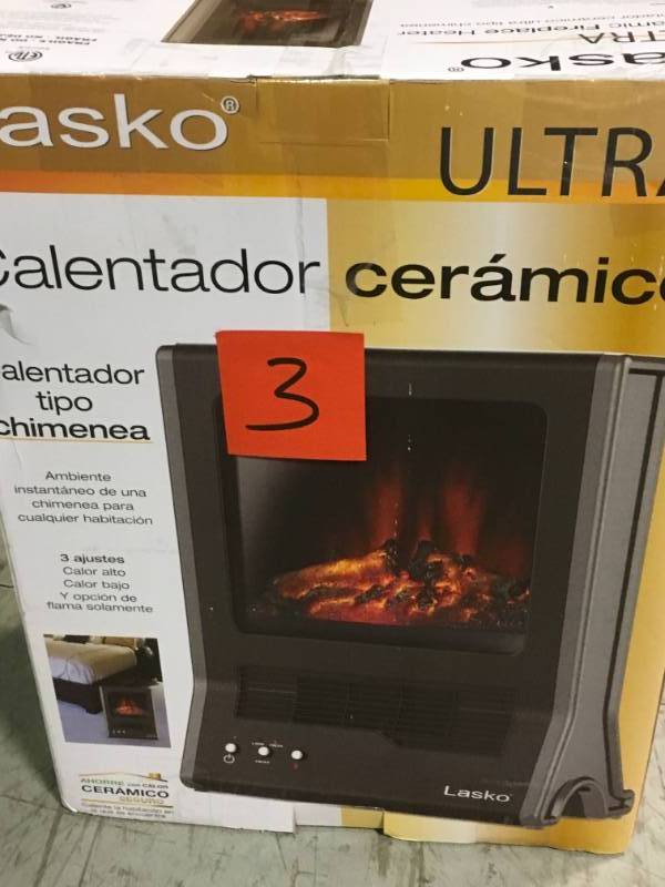 lot 3 image: Lasko 1500-Watt Ultra Ceramic Fireplace Portable Heater open box in like new condition