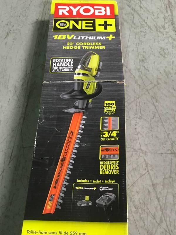 lot 13 image: Ryobi ONE Lithium 22 in. 18-Volt Lithium-Ion Cordless Hedge Trimmer - 1.5 Ah Battery and Charger Included open box in like new condition