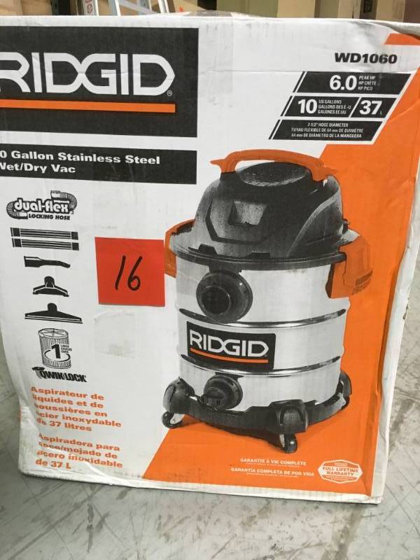 lot 16 image: RIDGID 10 Gal. 6.0 Peak HP Stainless Wet Dry Vac USED in good condition
