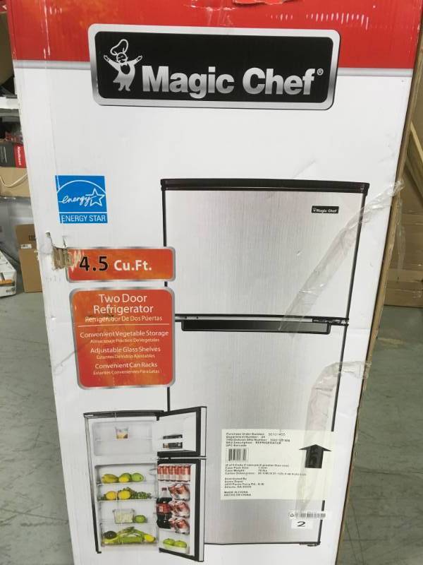 lot 17 image: Magic Chef 4.5 cu. ft. Double Door Mini Refrigerator in Stainless Look open box in like new condition