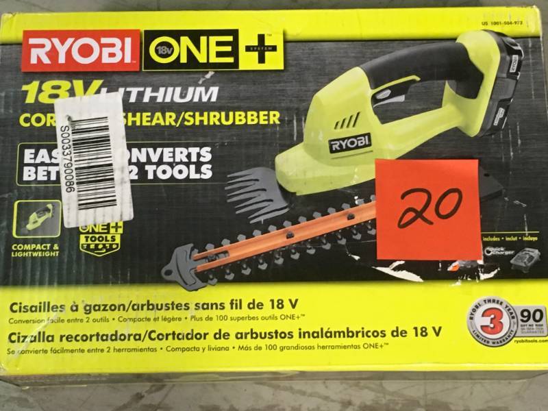 lot 20 image: Ryobi ONE 18-Volt Lithium-Ion Cordless Grass Shear and Shrubber Trimmer - 1.3 Ah Battery and Charger Included open box in like new condition