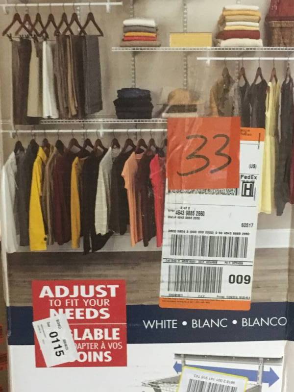 lot 33 image: ClosetMaid ShelfTrack 5 ft. to 8 ft. 13.4 in. D x 96 in. W x 49.3 in. H White Wire Steel Closet System Organizer Kit not used