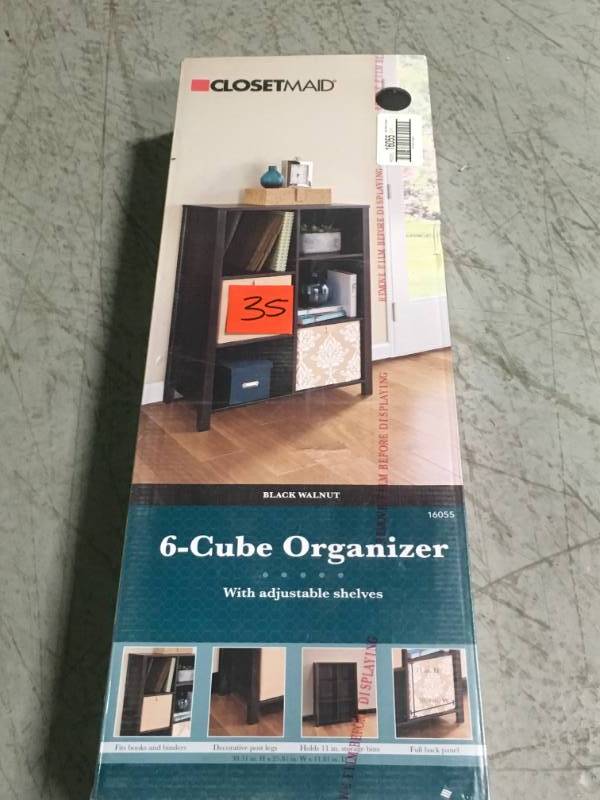 lot 35 image: ClosetMaid 26 in. W x 38 in. H Black Walnut 6-Cube Organizer not used