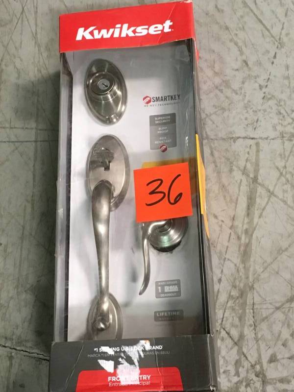 lot 36 image: Kwikset Shelburne Satin Nickel Single Cylinder Door Handleset with Tustin Lever Featuring SmartKey Security not used
