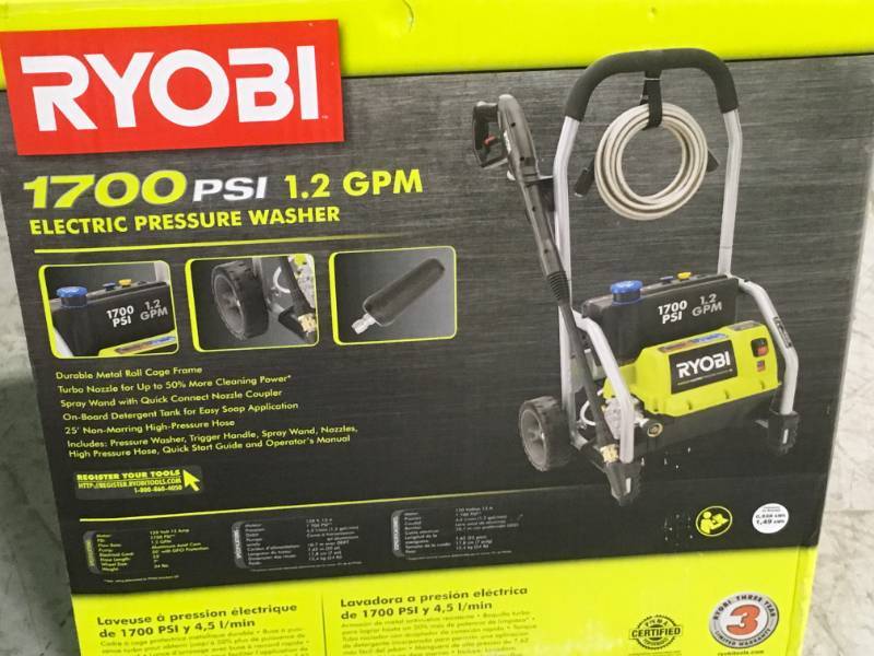 lot 39 image: Ryobi 1,700 PSI 1.2 GPM Electric Pressure Washer open box in like new condition