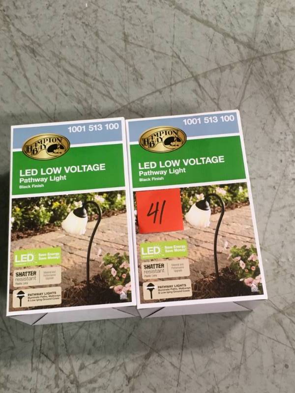 lot 41 image: Hampton Bay Low-Voltage Black Outdoor Integrated LED Black Landscape Path Light with White Tulip Shade LOT 2 PCS open box in like new condition