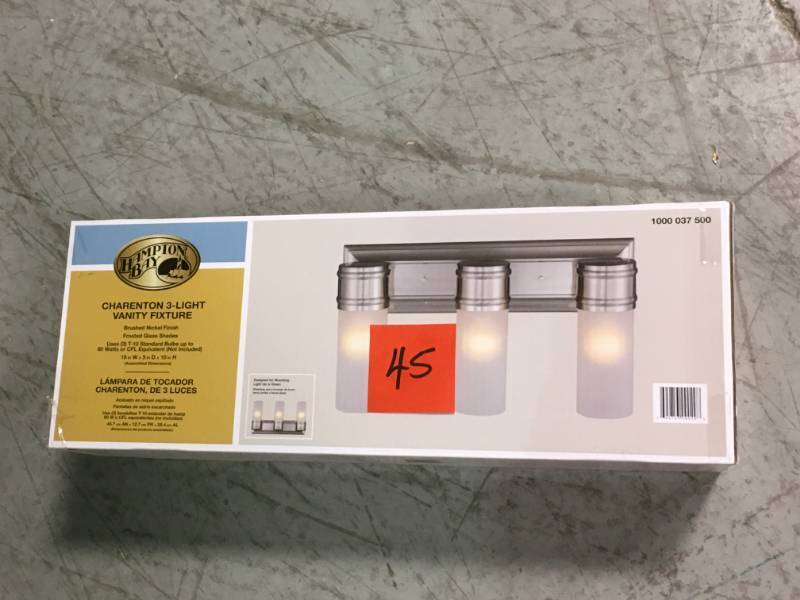 lot 45 image: 3-Light Brushed Nickel Wall Vanity Fixture open box in like new condition