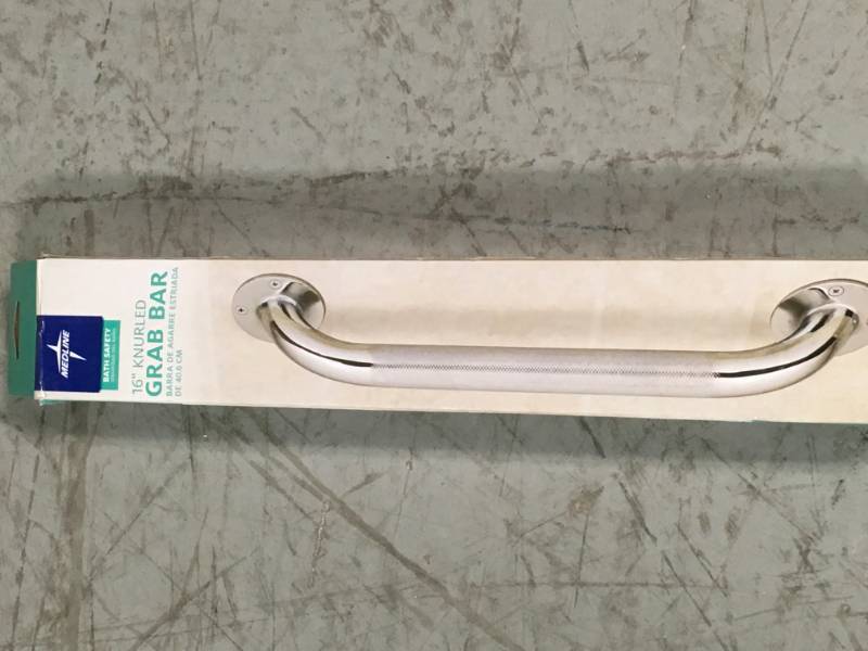 lot 51 image: Medline 16 in. x 1-14 in. Bath Safety Grab Bar in Knurled Chrome open box in like new condition