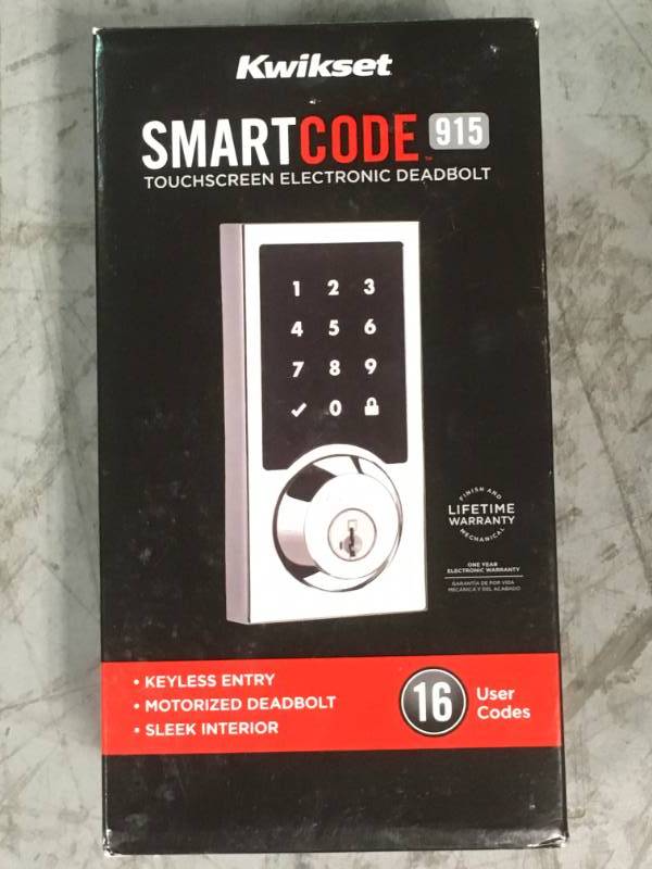 lot 56 image: Kwikset SmartCode 915 Touchscreen Contemporary Polished Chrome Single Cylinder Electronic Deadbolt Featuring SmartKey Security open box in like new condition