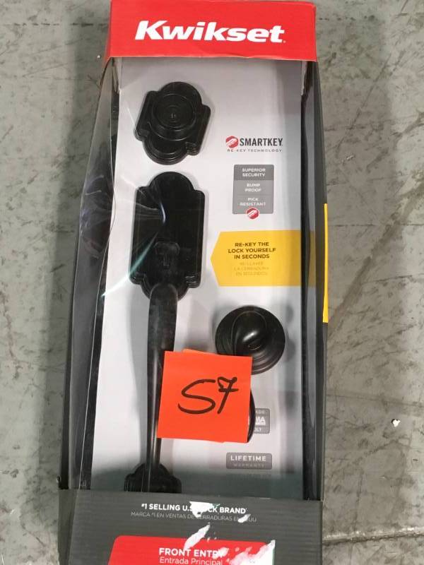 lot 57 image: Kwikset Arlington Venetian Bronze Single Cylinder Door Handleset with Tustin Lever Featuring SmartKey Security open box in like new condition
