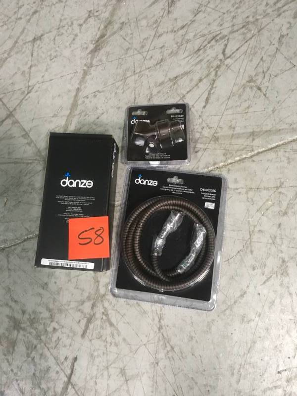 lot 58 image: Danze D469020 Interlock Metal HoseDanze D469100BR Showerarm MountDanze D462025 Surge Five-Function Handshower Danze D461023 Surge Handshower LOT 4 PCS SET open box in like new condition